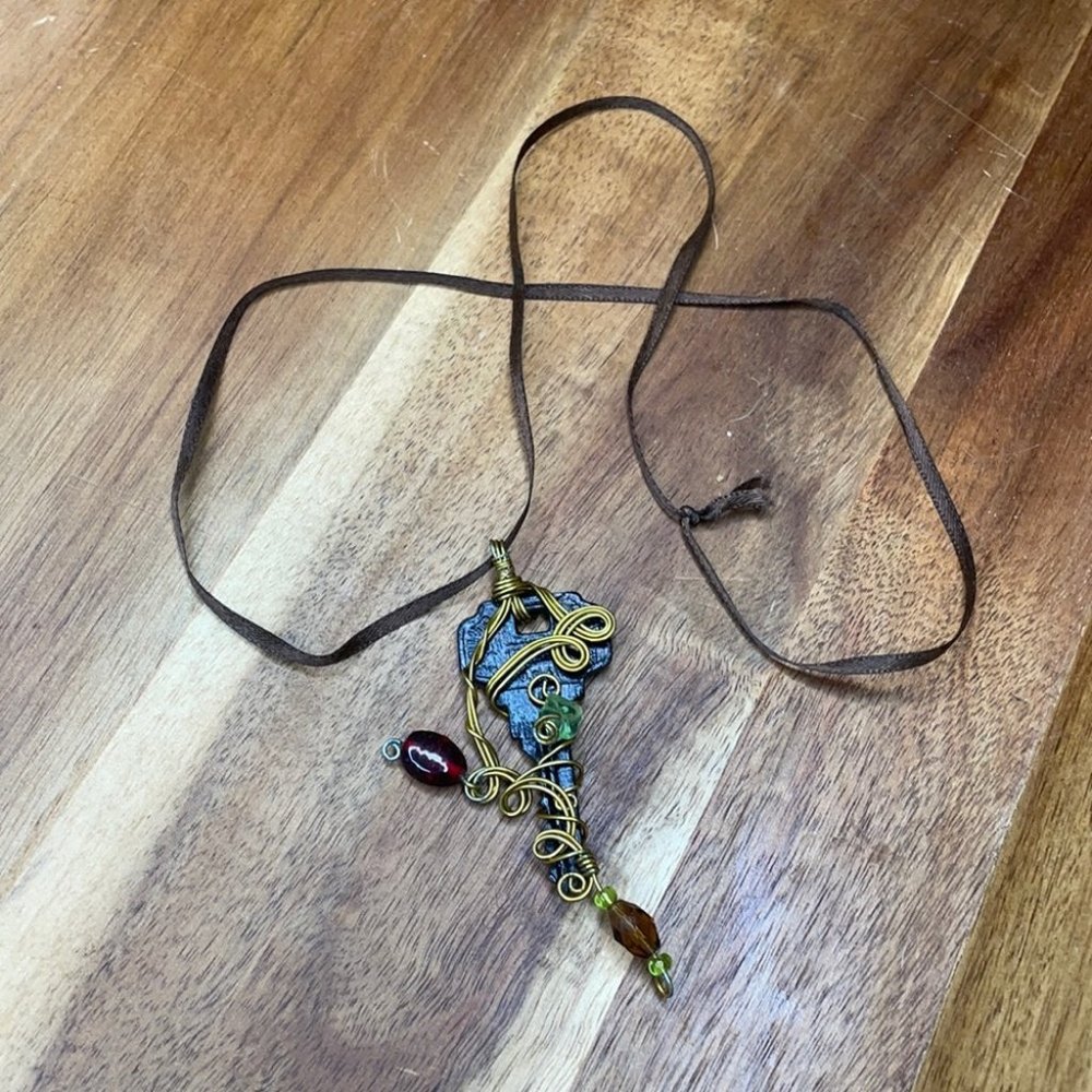 Handmade Key Wire Wrapped Jewel ribbon necklace